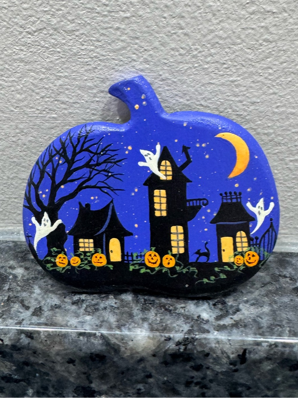 Hand-Painted Blue Halloween Pumpkin Home Art Glow in the Dark Ghost Brooch